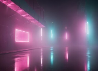 Fototapete - a dimly lit, foggy street scene with neon lights casting a pink and blue glow on the wet pavement.
