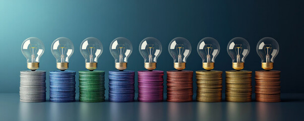 Poster - A row of light bulbs are stacked on top of a pile of coins. The light bulbs are of different colors, and the coins are of different sizes