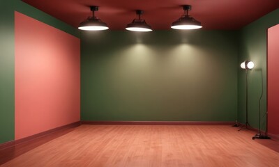 Poster - A room with a wooden floor, green walls, and three hanging lights in a circular pattern.