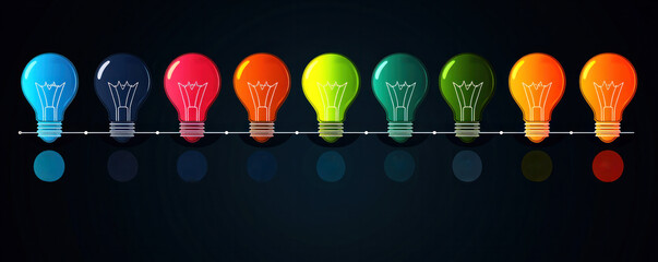 Poster - A row of colorful light bulbs are lined up on a black background. The bulbs are of different colors and sizes, creating a visually appealing and dynamic display. Concept of creativity and innovation