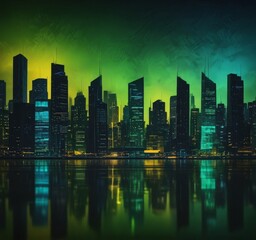 Fototapete - A futuristic cityscape at night, with tall buildings illuminated in green and blue lights, reflected in the calm waters of a river or lake.