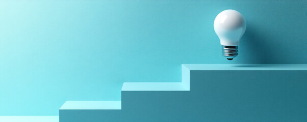Poster - A white light bulb is on top of a blue staircase. Concept of progress and growth, as the light bulb represents a new idea or concept