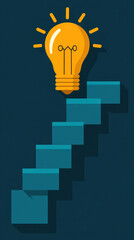 Poster - A light bulb is lit up on a blue staircase. The light bulb is glowing brightly, illuminating the steps. Concept of inspiration and creativity, as the light bulb represents a spark of ideas