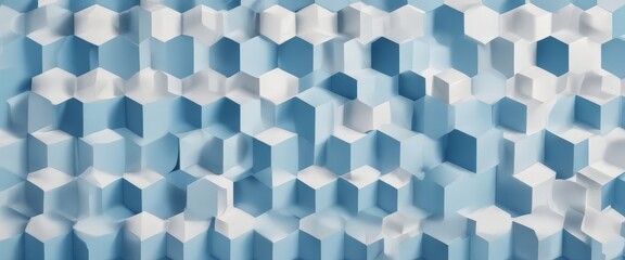 Poster - The image presents a repeating pattern of white and blue cubes, arranged in a grid-like fashion. The cubes are stacked on top of each other, creating a visually striking