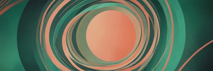 Poster - a vibrant abstract composition of overlapping concentric circles in shades of green, orange, and pink, creating a dynamic and visually striking effect.