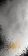Fototapete - Abstract art with a gray and black color scheme, featuring a central yellow splash of paint and splatters of black and gray paint on the left side.