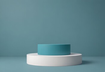 Poster - A white pedestal base with a teal-colored cylindrical object on top, set against a teal background.