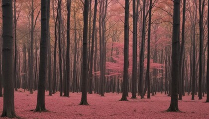 Poster - A serene forest scene with tall trees displaying a mix of green and pink leaves, creating a captivating pink-tinted atmosphere.