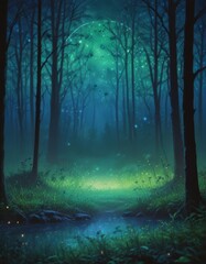 Poster - A moonlit forest with a small stream and glowing fireflies, surrounded by tall trees with a mysterious, otherworldly atmosphere.