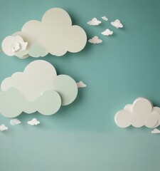 Poster - A whimsical arrangement of white paper clouds against a light blue background, with a few small white clouds scattered throughout.