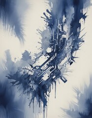Poster - The image is an abstract painting featuring a complex network of lines and shapes in shades of blue and white, creating a dynamic and visually striking composition.