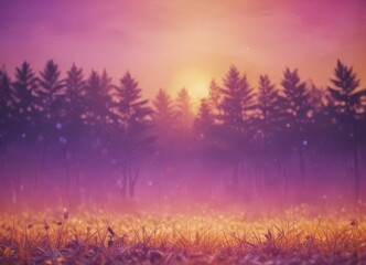 Poster - A serene forest landscape at sunset, with a warm glow illuminating the silhouetted trees and a field of tall grass in the foreground.