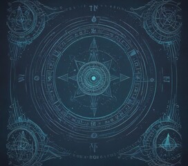 Aufkleber - a mystical, circular design with a central star-like symbol surrounded by intricate geometric patterns and celestial elements. The text surrounding the design includes