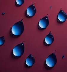 Poster - Twelve blue water droplets of varying sizes are scattered randomly across a deep red background, creating a sense of randomness and movement.