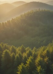 Poster - A serene landscape with a dense forest of evergreen trees bathed in warm sunlight, creating a lush, verdant scene.