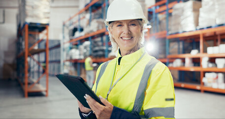 Canvas Print - Warehouse, mature woman and tablet in portrait for logistics, quality control or stock management. Engineer, tech and maintenance in freight, supply chain or factory at shipping company in Australia