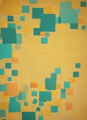 Aufkleber - a collection of overlapping square and rectangular pieces of paper in various shades of green, yellow, and orange, arranged in a random pattern against a yellow background.