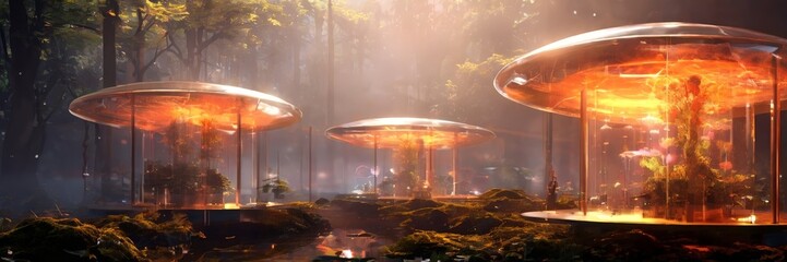 Poster - a futuristic forest scene with three glowing mushroom-shaped structures in the foreground, surrounded by lush greenery and a mysterious, otherworldly atmosphere.