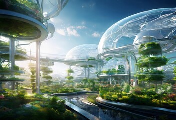 Aufkleber - a futuristic cityscape with transparent domes and structures, surrounded by lush greenery and a winding path, set against a clear blue sky.