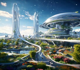 The image presents a futuristic cityscape with towering structures, a large dome, and a lush, colorful garden in the foreground.