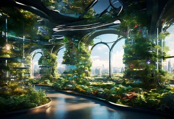 Fototapete - a futuristic indoor garden with a winding path, lush greenery, and a cityscape visible through large windows.