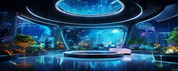 Aufkleber - a futuristic, circular room with a large circular platform at its center, surrounded by a variety of plants and trees. The room is illuminated by a circular light source,