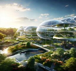 Fototapete - a futuristic architectural design with multiple domed structures surrounded by lush greenery, a pond, and a bridge. The scene is set against a clear blue sky with birds