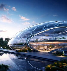 Fototapete - a futuristic architectural structure with a curved, transparent roof and large glass windows, set against a serene landscape with a body of water and a clear blue sky.
