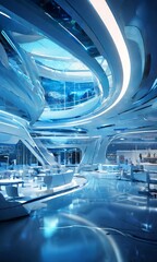 Leinwandbilder - a futuristic, high-tech restaurant interior with curved walls, large windows, and a sleek, modern design.