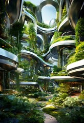 Poster - a futuristic architectural structure with curved, metallic forms and a lush, verdant landscape. The building's design is reminiscent of a garden or a forest, with a variety