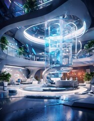 Fototapete - a futuristic, circular lobby with a spiral staircase, glass walls, and a futuristic design.