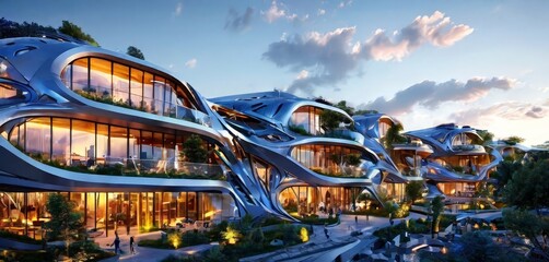 Poster - a futuristic architectural design with curved, angular structures and large windows, set against a backdrop of a clear blue sky with scattered clouds.