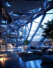 Poster - a futuristic living room with a curved sofa, a round coffee table, and a large window overlooking a city skyline.