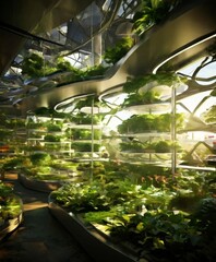 Poster - a futuristic indoor garden with a curved, glass-enclosed structure that allows sunlight to filter through, creating a lush, verdant environment.