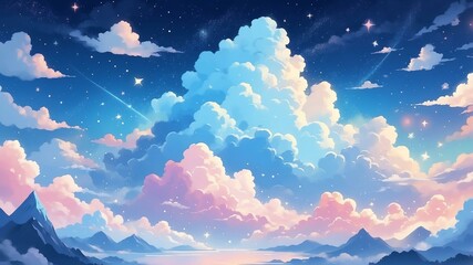 Wall Mural - pastel blue color dream with glitter stars and clouds, anime style background