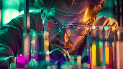Poster - A scientist intently works on an experiment, surrounded by colorful beakers and tubes under blue lighting, A scientist engrossed in an experiment, surrounded by beakers and test tubes