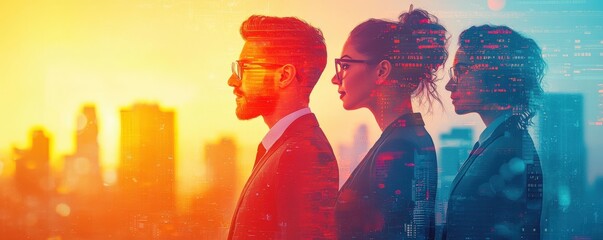 Businessmen and women confidently pose in front of a bright city backdrop, double exposure layering their profiles with a clean, minimalist mock-up space for career and success themes.