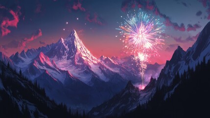 Wall Mural - fireworks display over a mountain range.