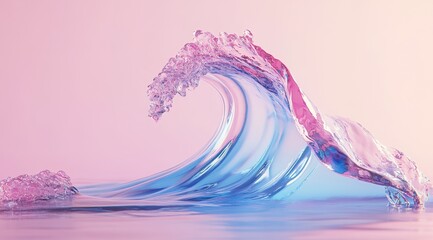 Poster - 3D rendering of a pink and blue glass water wave, isolated on a pastel background with copy space. 
