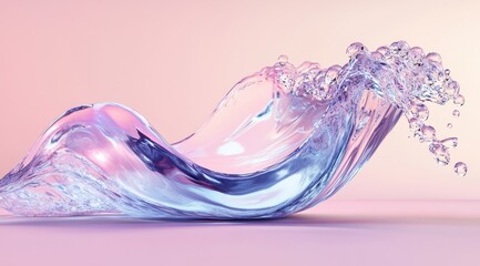 Poster - 3D rendering of a pink and blue glass water wave, isolated on a pastel background with copy space. 