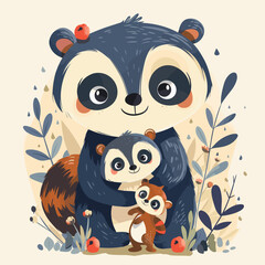 Wall Mural - Cute vector illustration with animal mother and her baby. Motherhood and caring.