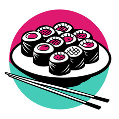 Stylized sushi plate illustration with chopsticks in vibrant colors for t-shirt print