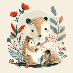 Poster - Cute vector illustration with animal mother and her baby. Motherhood and caring.