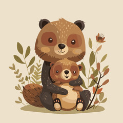 Poster - Cute vector illustration with animal mother and her baby. Motherhood and caring.