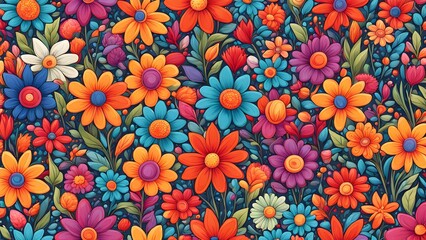 A vibrant and colorful seamless pattern of stylized flowers in various colors and sizes.