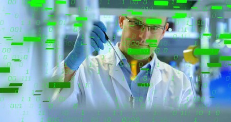  - Animation of binary coding and shapes over caucasian male scientist doing experiment in lab