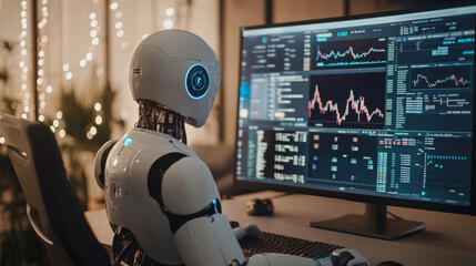 Wall Mural - This robot can trade stocks automatically using AI. It analyzes stock charts and makes trading decisions, just like a human trader. You can use the app on your phone to manage your trades.