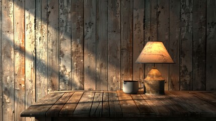 Wooden table with a table lamp