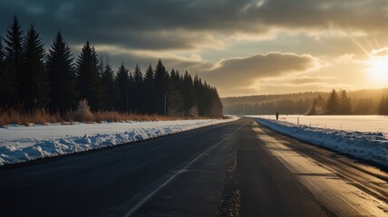 Snowy Road Through a Winter Forest