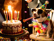 © IllustrationAlchemy - Dog in sunglasses and party hat celebrate birthday with cake on confetti background.